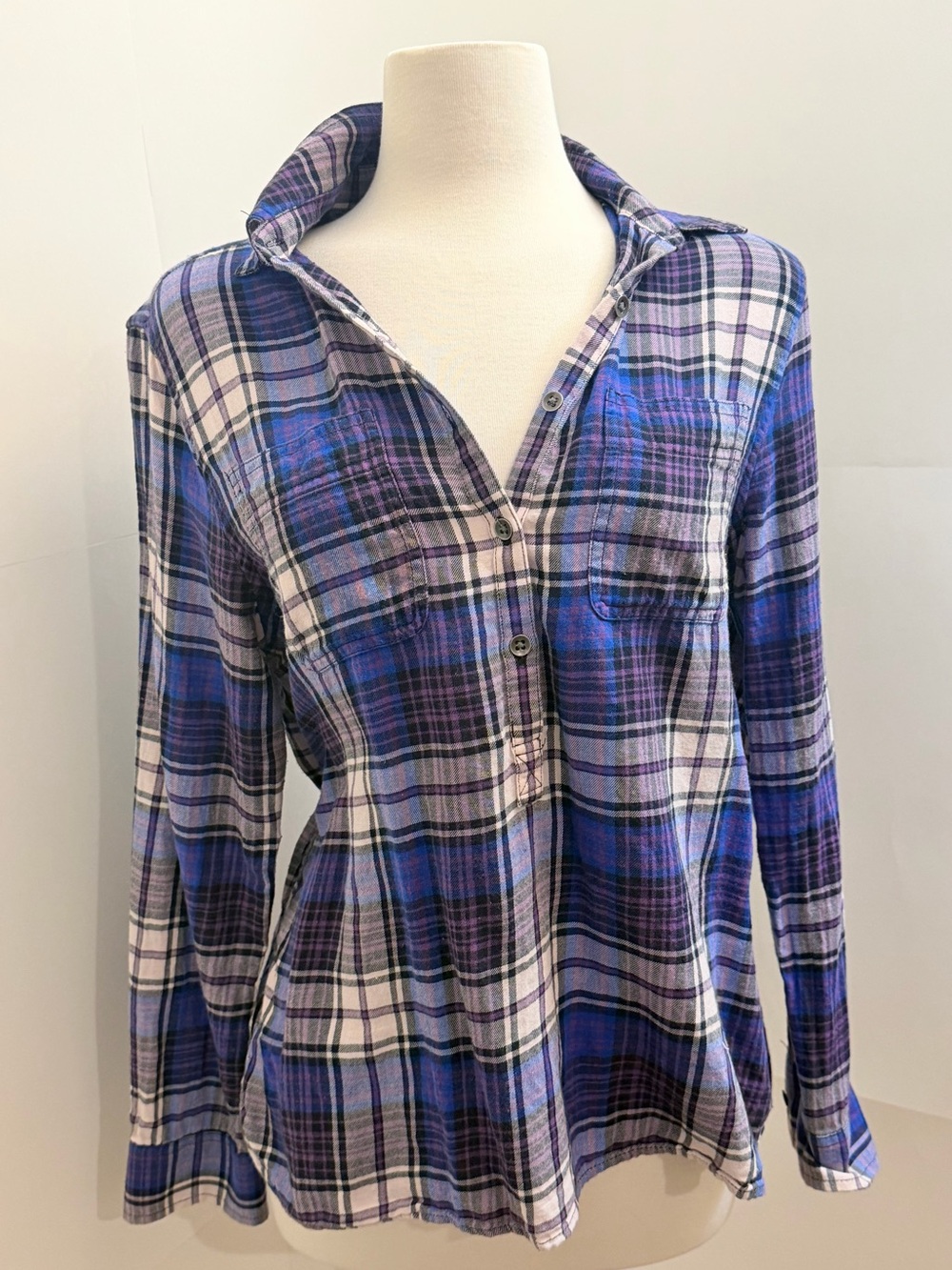 Chaps RL Purple Blue White Plaid Cotton
Popover Shirt Large